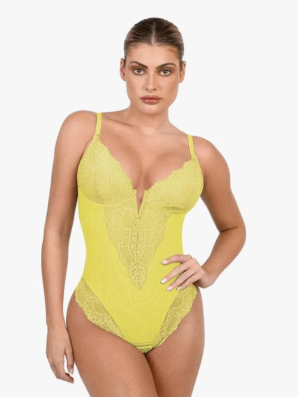 Shapewear Lace Deep V-Neck Sculpting Thong Bodysuit - Image 24