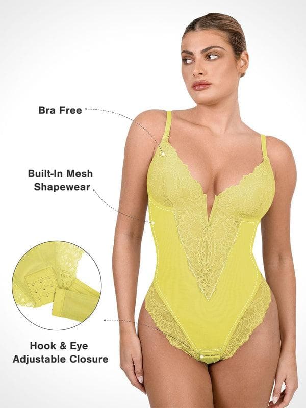 Shapewear Lace Deep V-Neck Sculpting Thong Bodysuit - Image 25