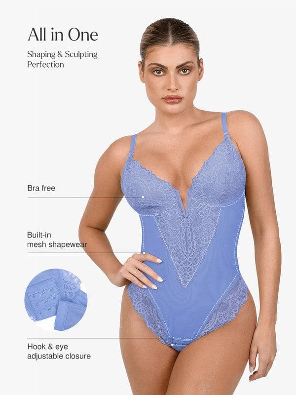 Shapewear Lace Deep V-Neck Sculpting Thong Bodysuit - Image 29