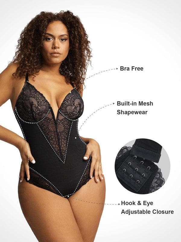 Shapewear Lace Deep V-Neck Sculpting Thong Bodysuit - Image 3
