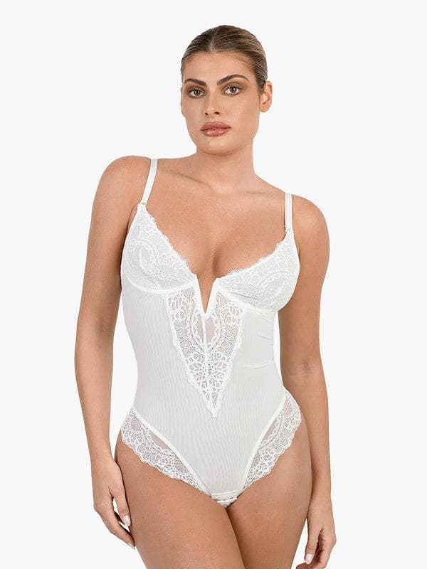 Shapewear Lace Deep V-Neck Sculpting Thong Bodysuit - Image 35