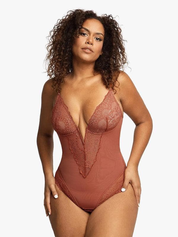 Shapewear Lace Deep V-Neck Sculpting Thong Bodysuit - Image 41