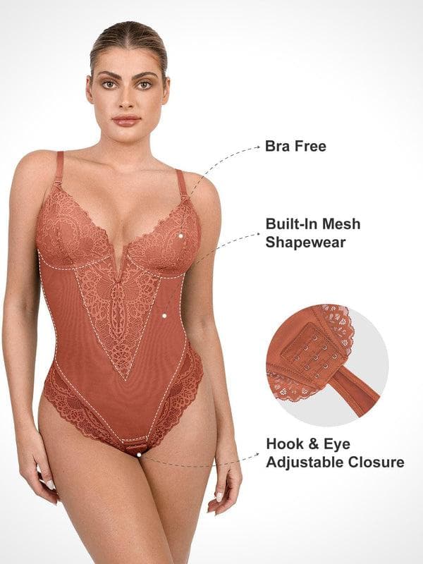 Shapewear Lace Deep V-Neck Sculpting Thong Bodysuit - Image 42