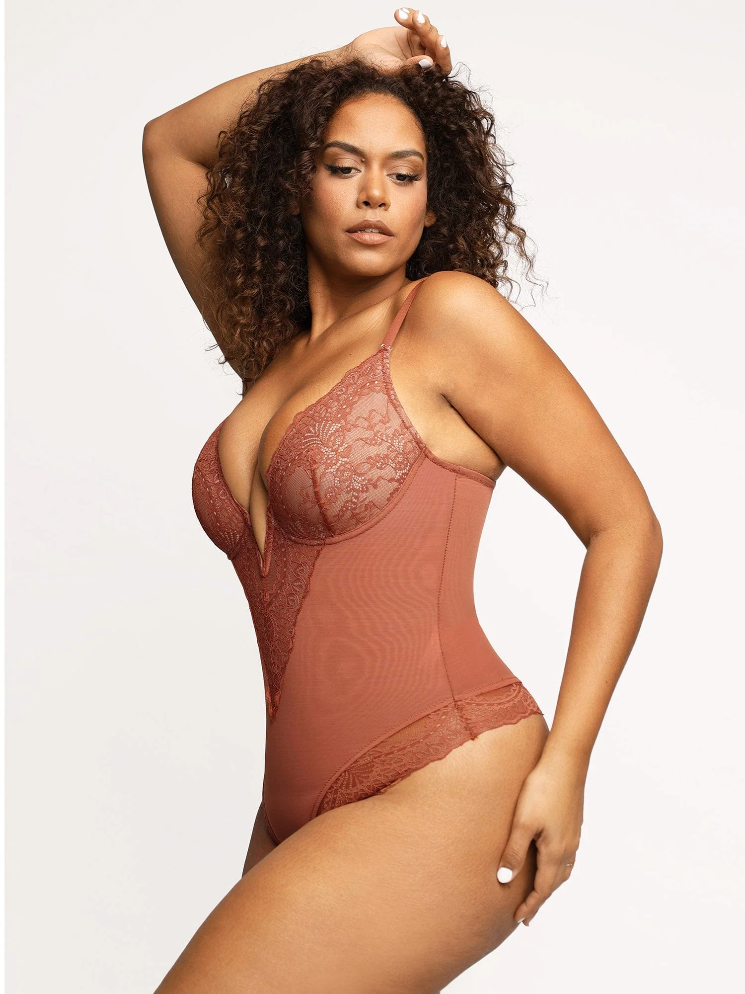 Shapewear Lace Deep V-Neck Sculpting Thong Bodysuit - Image 43