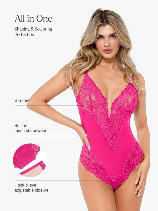 Shapewear Lace Deep V-Neck Sculpting Thong Bodysuit - Image 48