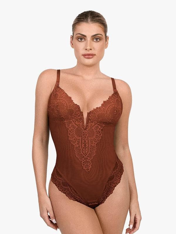 Shapewear Lace Deep V-Neck Sculpting Thong Bodysuit - Image 54