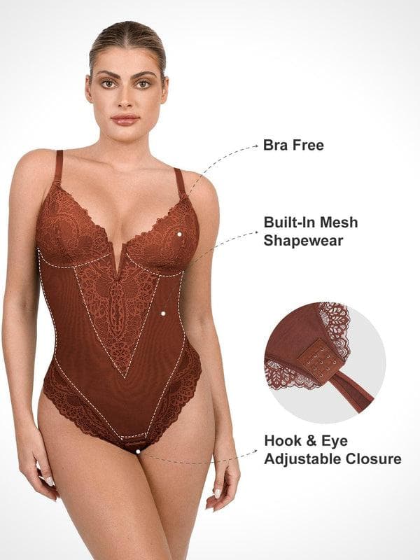 Shapewear Lace Deep V-Neck Sculpting Thong Bodysuit - Image 55