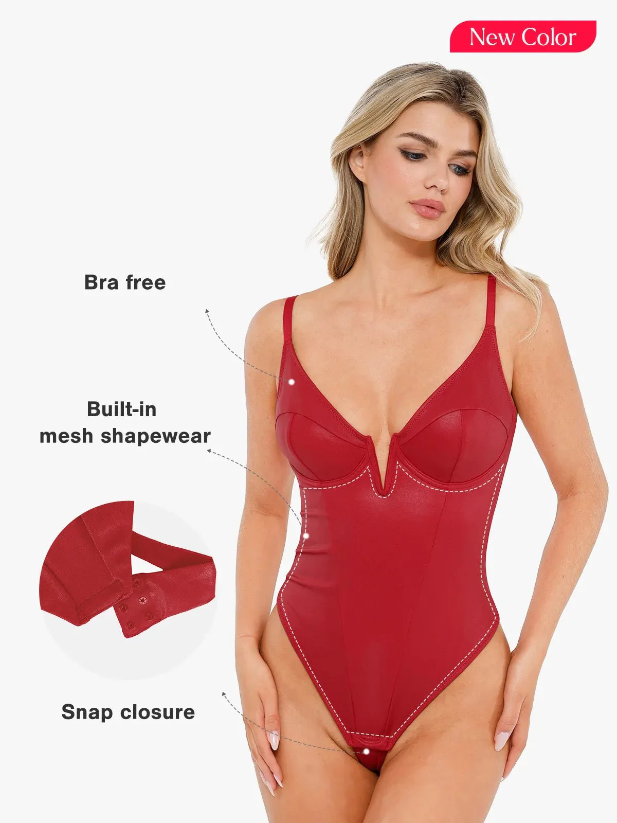Shapewear Faux Leather Plunging V Sculpting Corset Bodysuit - Image 14