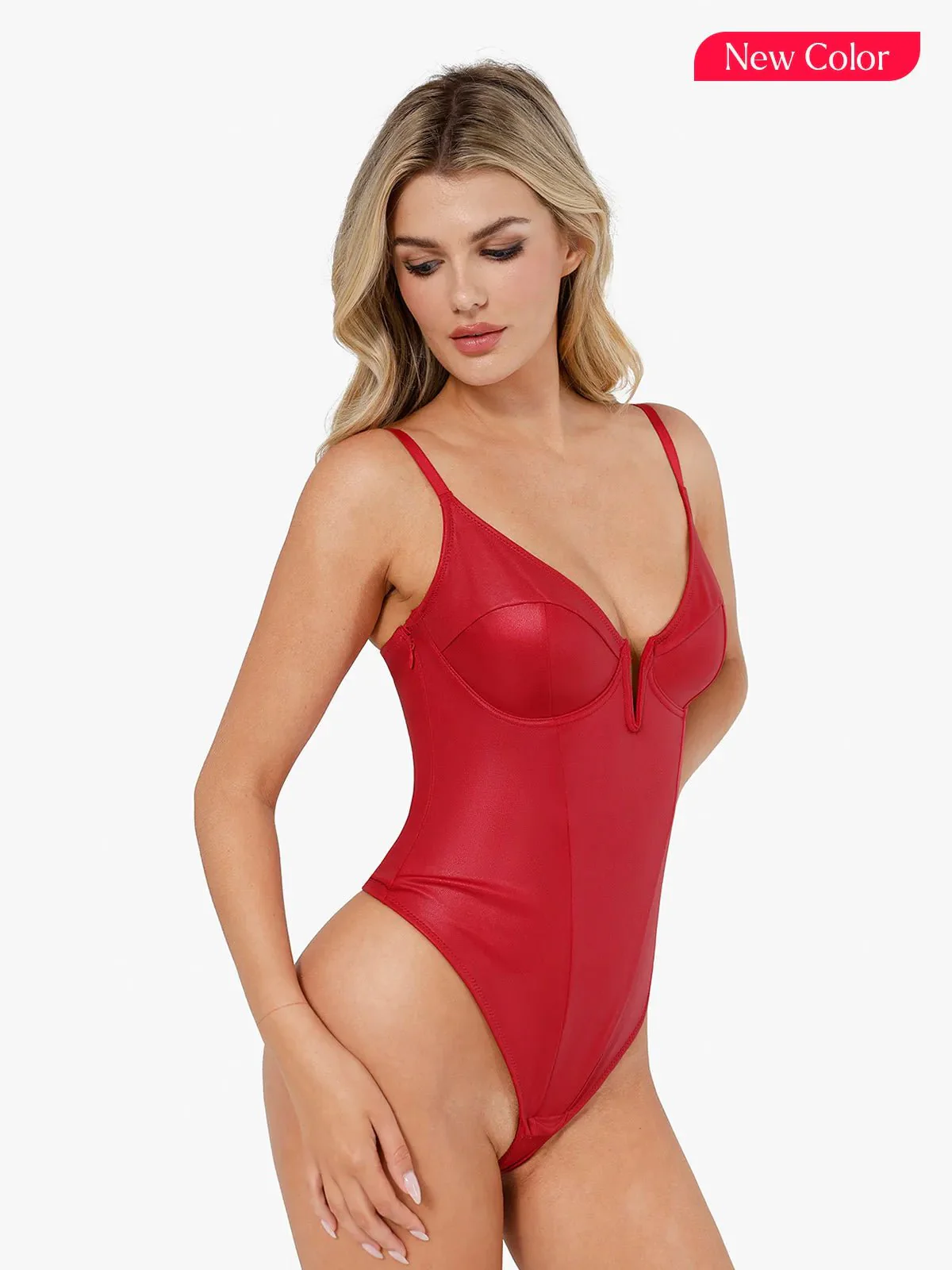 Shapewear Faux Leather Plunging V Sculpting Corset Bodysuit - Image 15