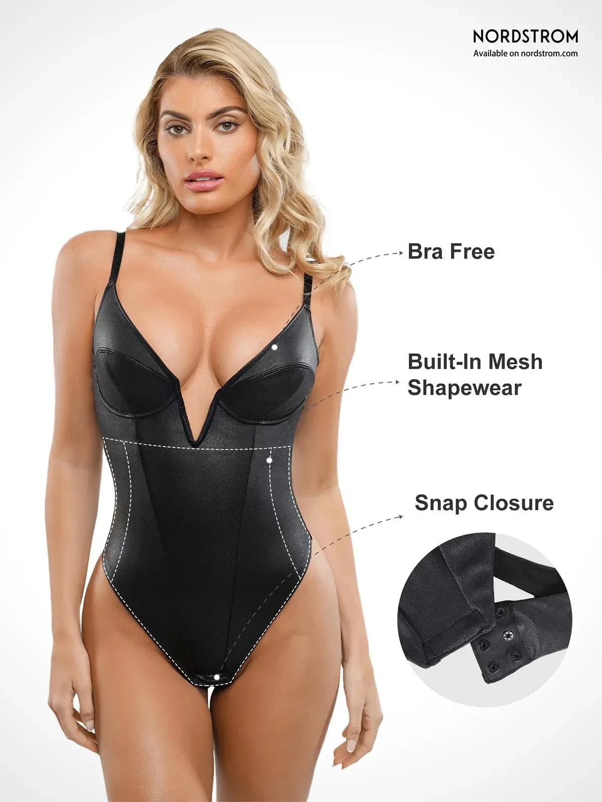 Shapewear Faux Leather Plunging V Sculpting Corset Bodysuit - Image 2