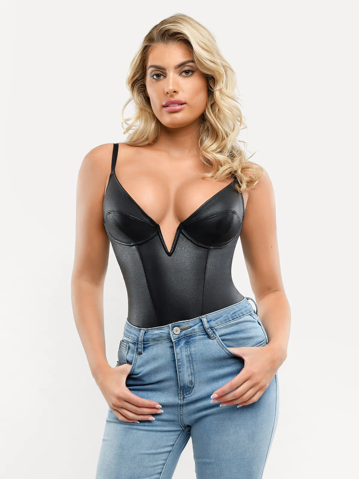 Shapewear Faux Leather Plunging V Sculpting Corset Bodysuit - Image 6