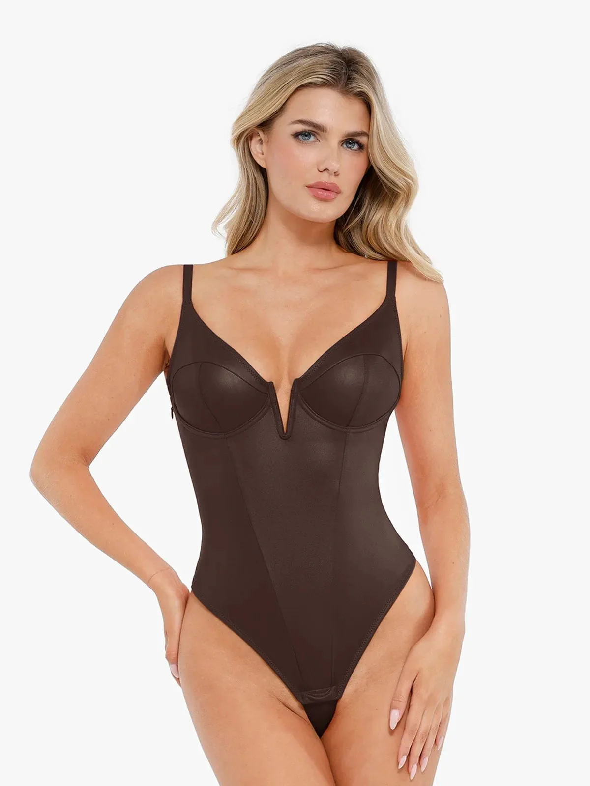Shapewear Faux Leather Plunging V Sculpting Corset Bodysuit - Image 7