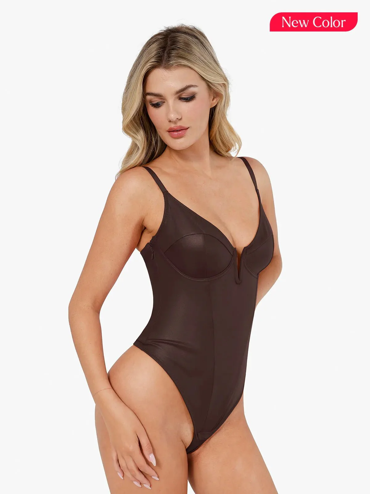 Shapewear Faux Leather Plunging V Sculpting Corset Bodysuit - Image 9