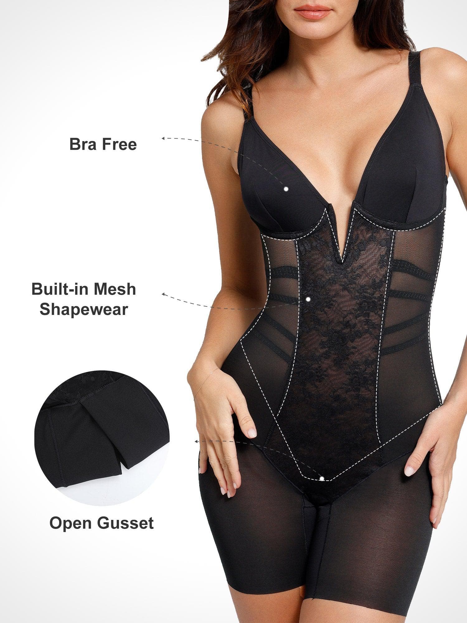 Shapewear Lace Deep V-Neck Tummy Control Mid-Thigh Bodysuit - Image 2