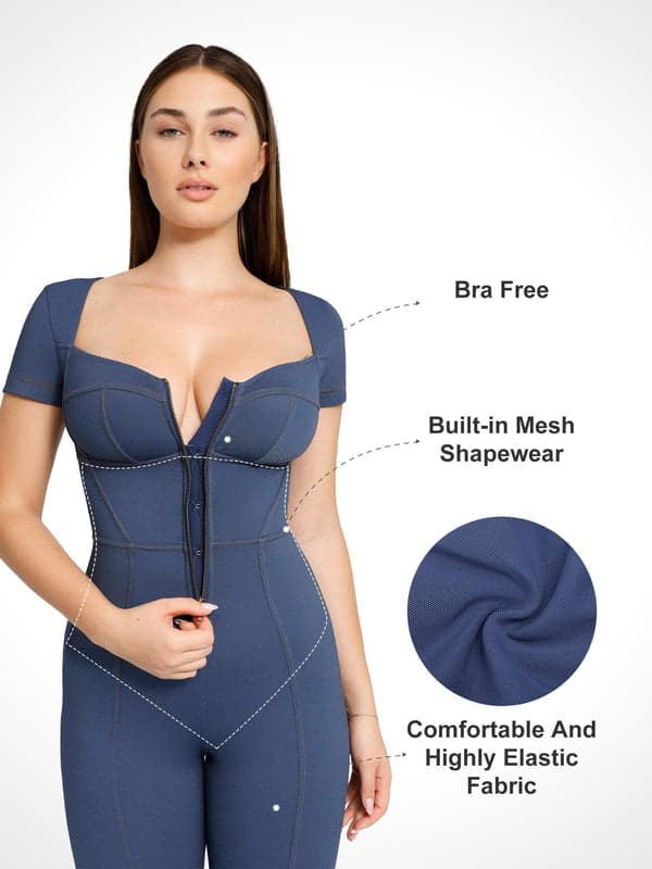 Shapewear Sculpting Denim Tank Flare Leg Jumpsuit - Image 12