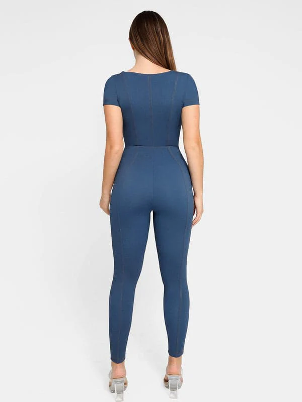 Shapewear Sculpting Denim Tank Flare Leg Jumpsuit - Image 14