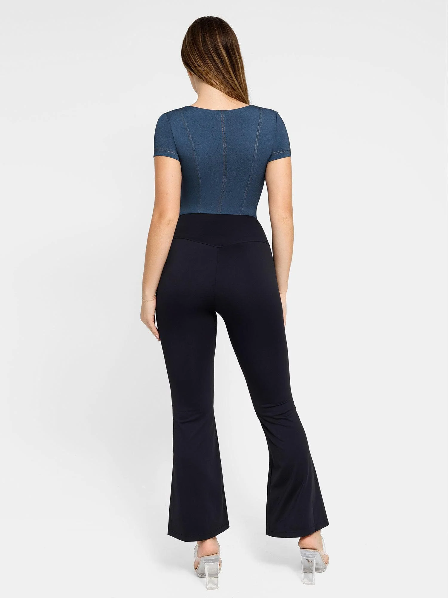 Shapewear Denim Short Sleeve Zip Front Slimming Bodysuit - Image 13