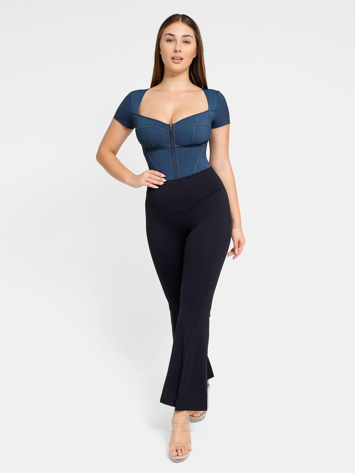 Shapewear Denim Short Sleeve Zip Front Slimming Bodysuit - Image 18