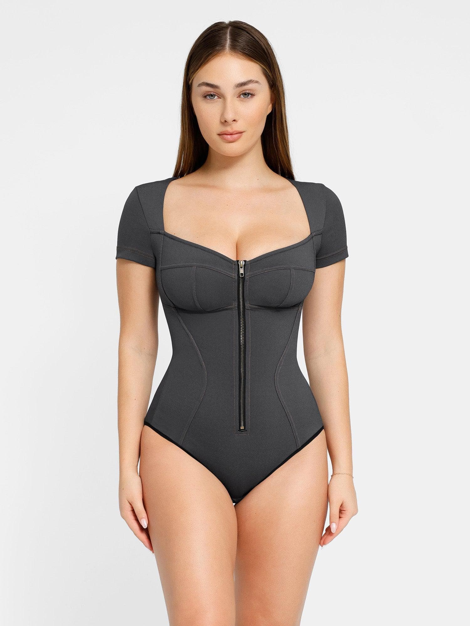 Shapewear Denim Short Sleeve Zip Front Slimming Bodysuit - Image 2