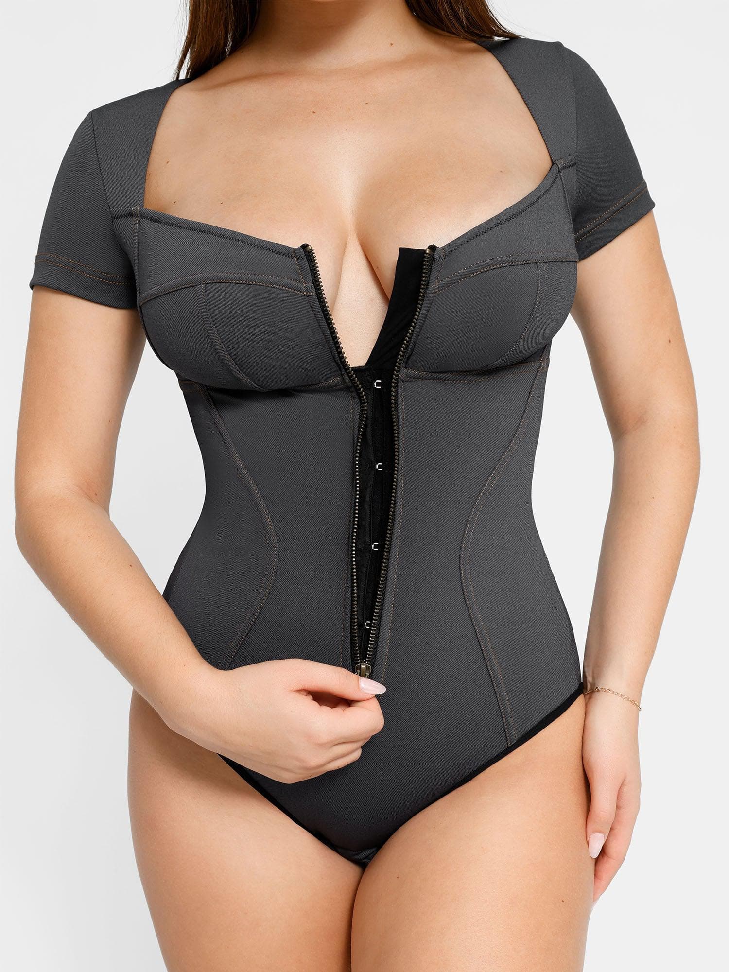 Shapewear Denim Short Sleeve Zip Front Slimming Bodysuit - Image 7