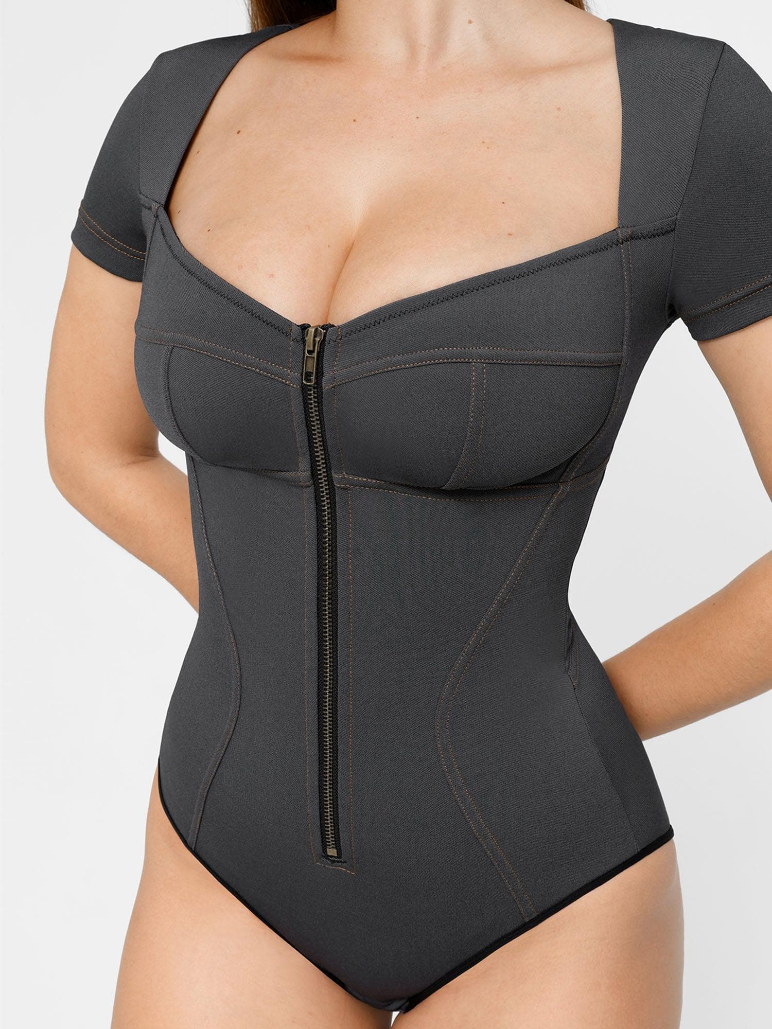 Shapewear Denim Short Sleeve Zip Front Slimming Bodysuit - Image 8