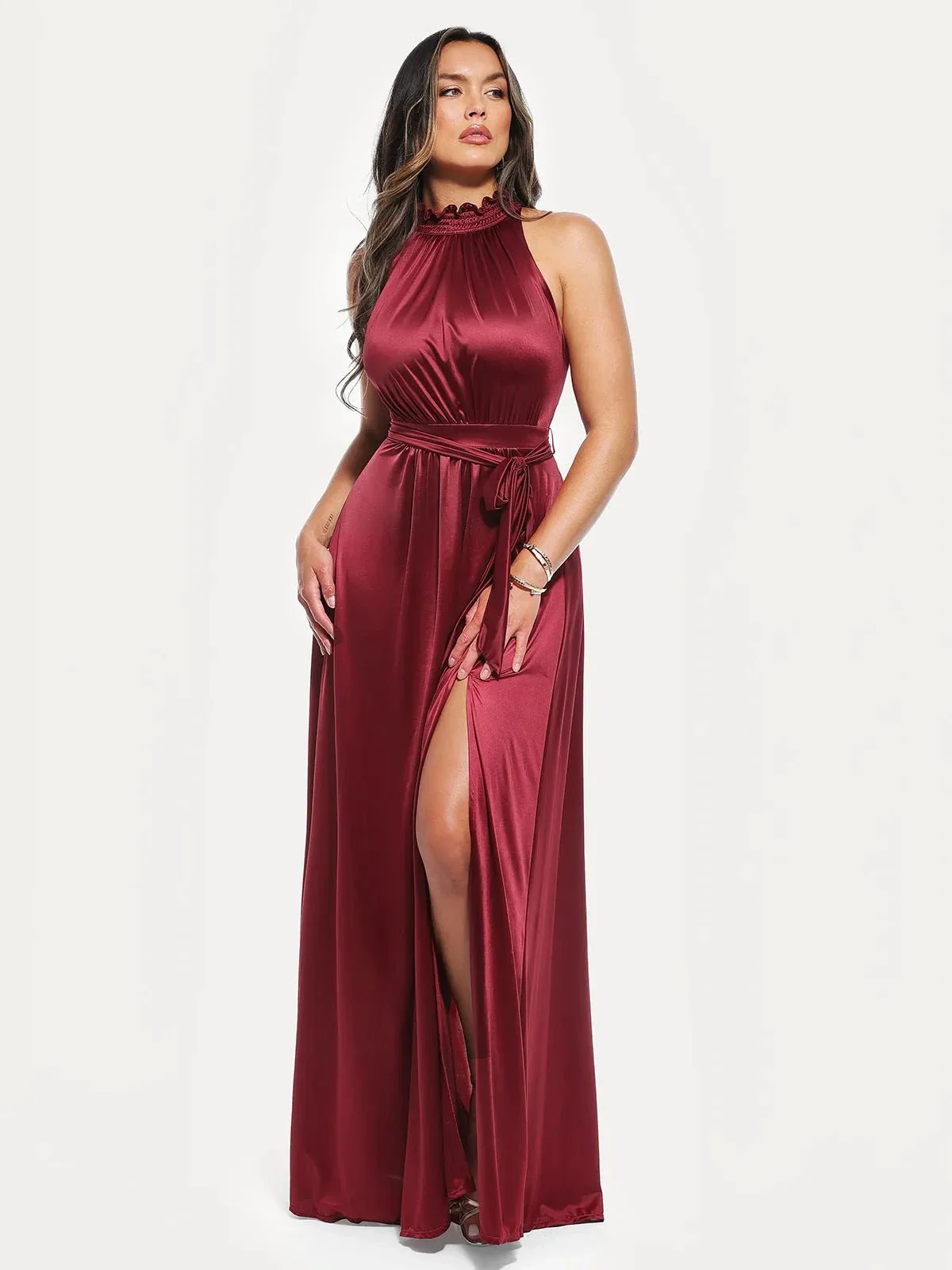 Draped High Neck Sculpting Floral-Print Maxi Dress - Image 16