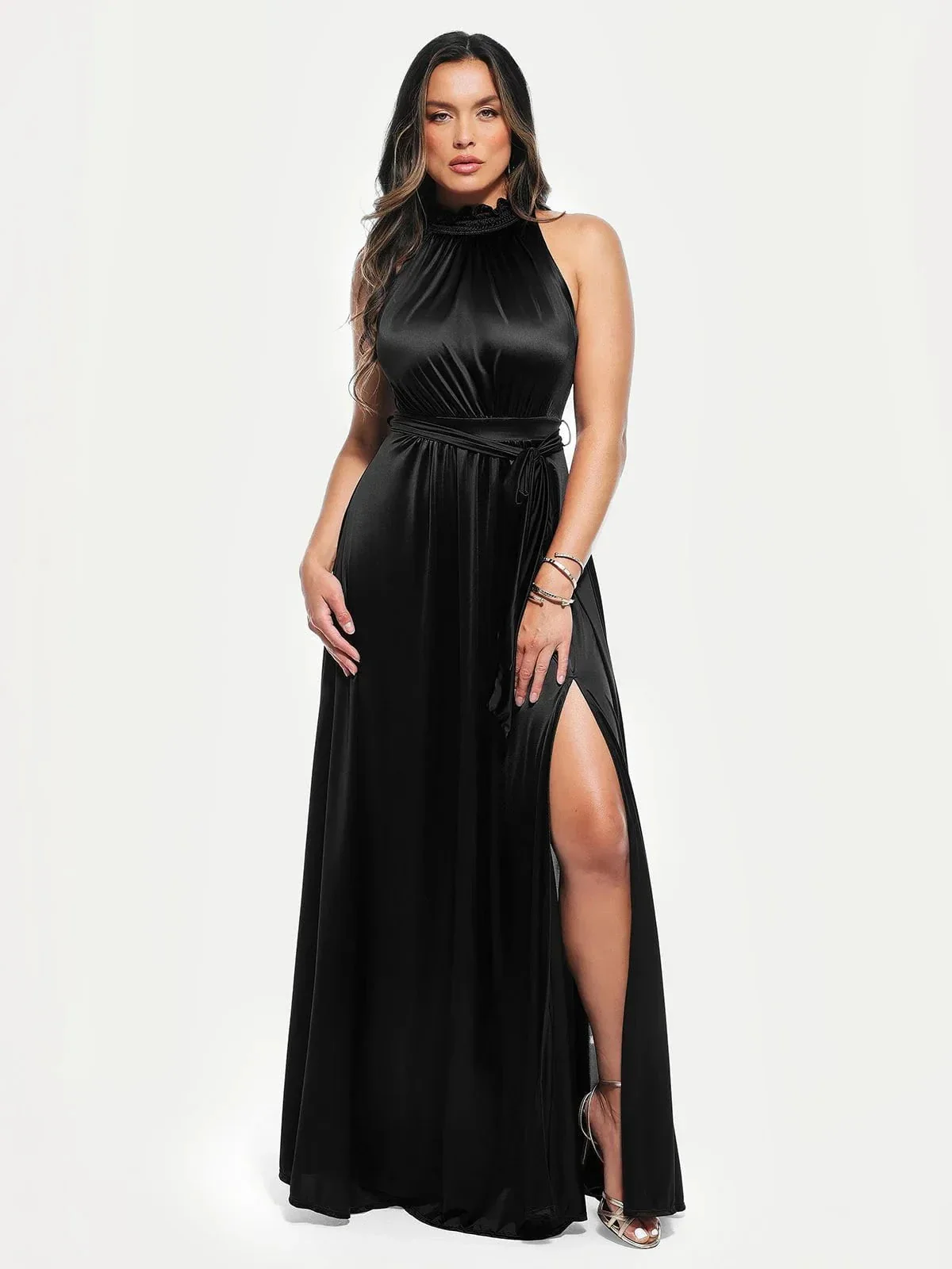 Draped High Neck Sculpting Floral-Print Maxi Dress - Image 21