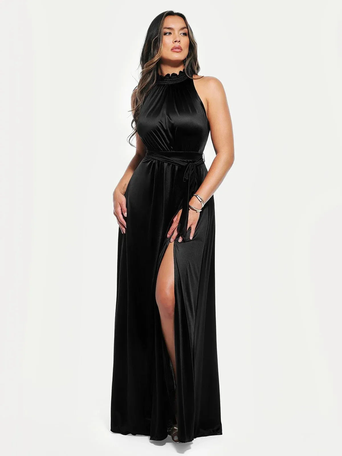 Draped High Neck Sculpting Floral-Print Maxi Dress - Image 25