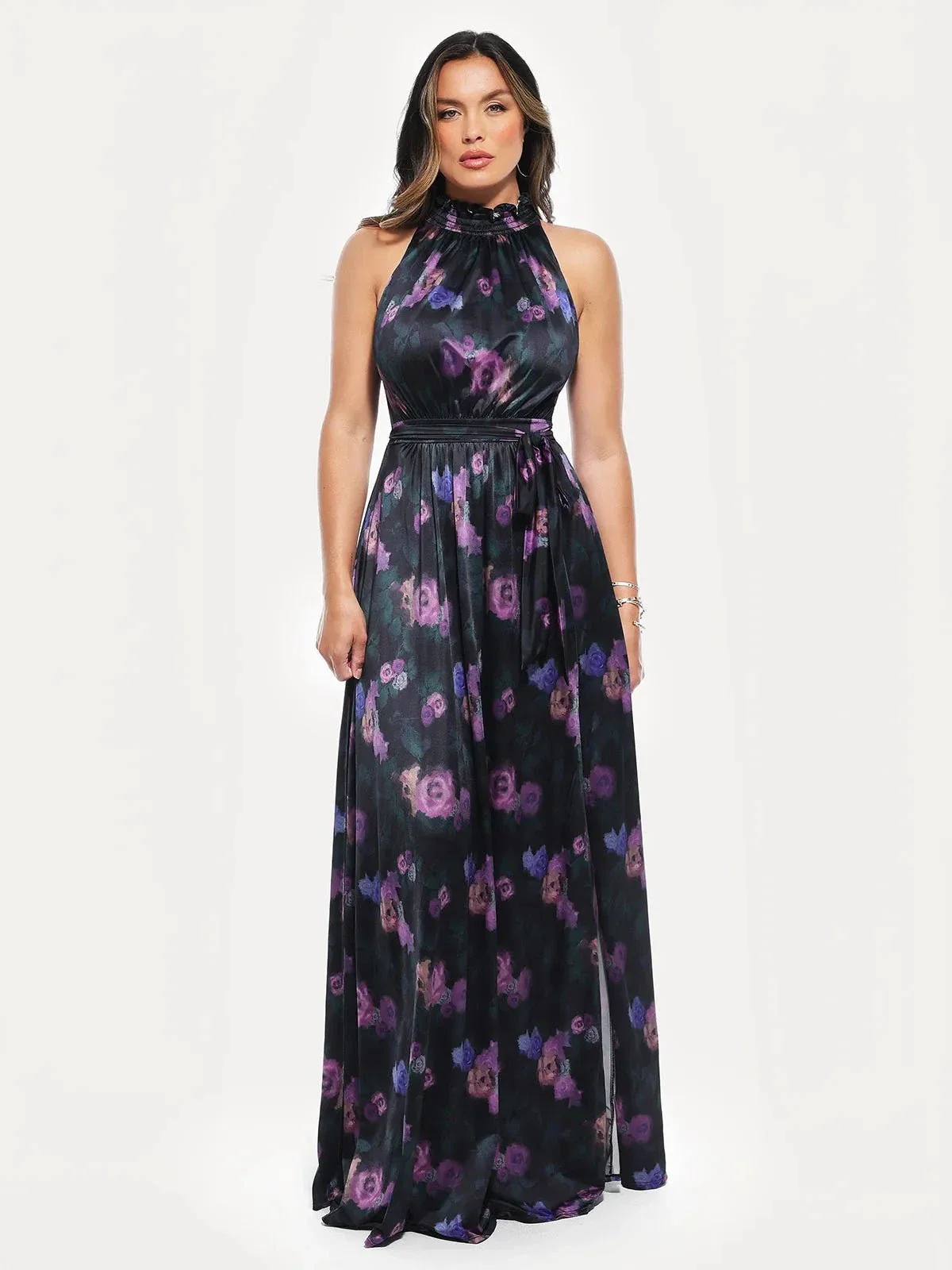 Draped High Neck Sculpting Floral-Print Maxi Dress - Image 8