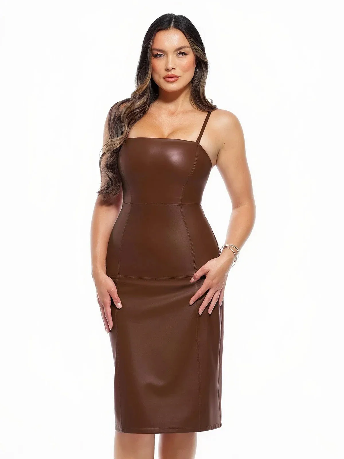 Dual-Wear Sculpting Faux Leather Dress - Image 29