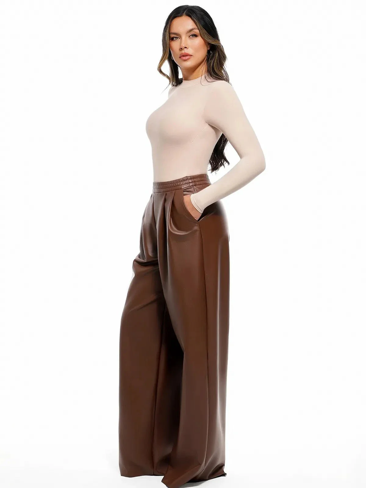 Faux Leather High Waisted Wide Leg Pants - Image 17