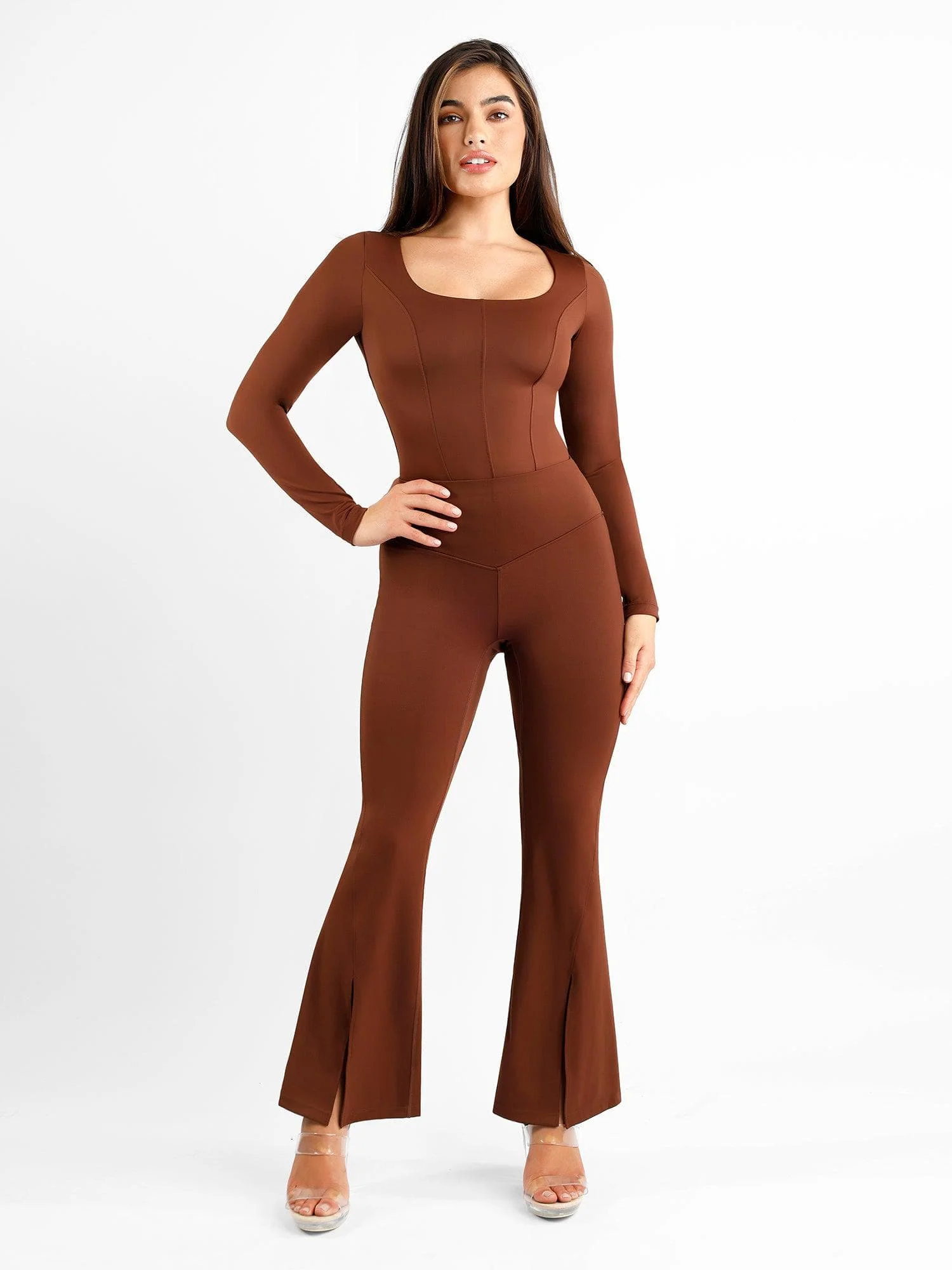 Shapewear High Rise Tummy Control Split Hem Flare Leg Pants - Image 12