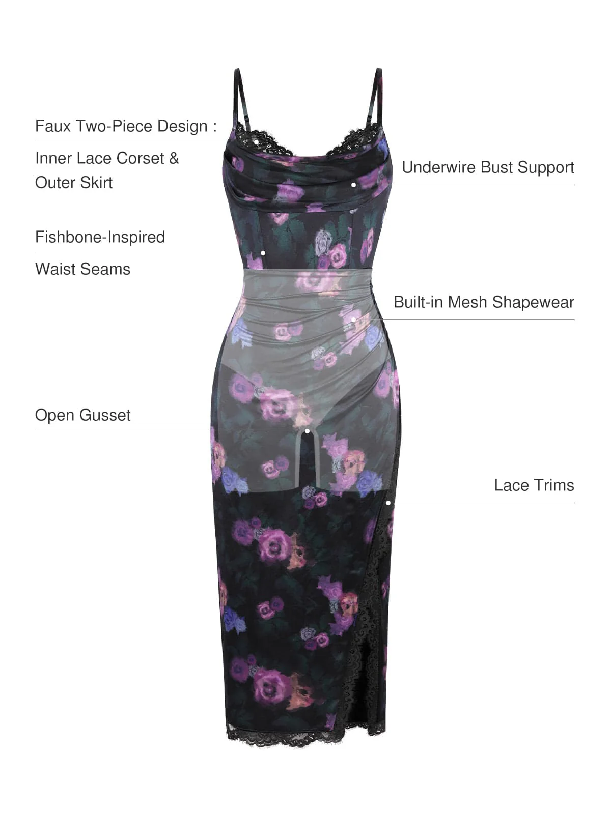 Lace Trim Sculpting Floral-Print Midi Dress - Image 3