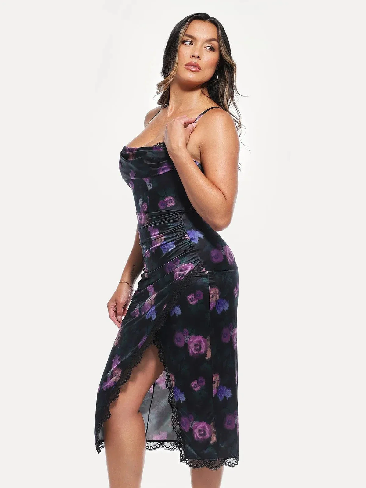 Lace Trim Sculpting Floral-Print Midi Dress - Image 4