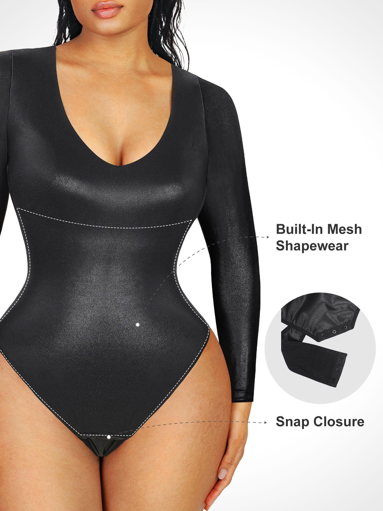 Shapewear Long Sleeve Faux Leather V-Neck Sculpting Bodysuit - Image 2