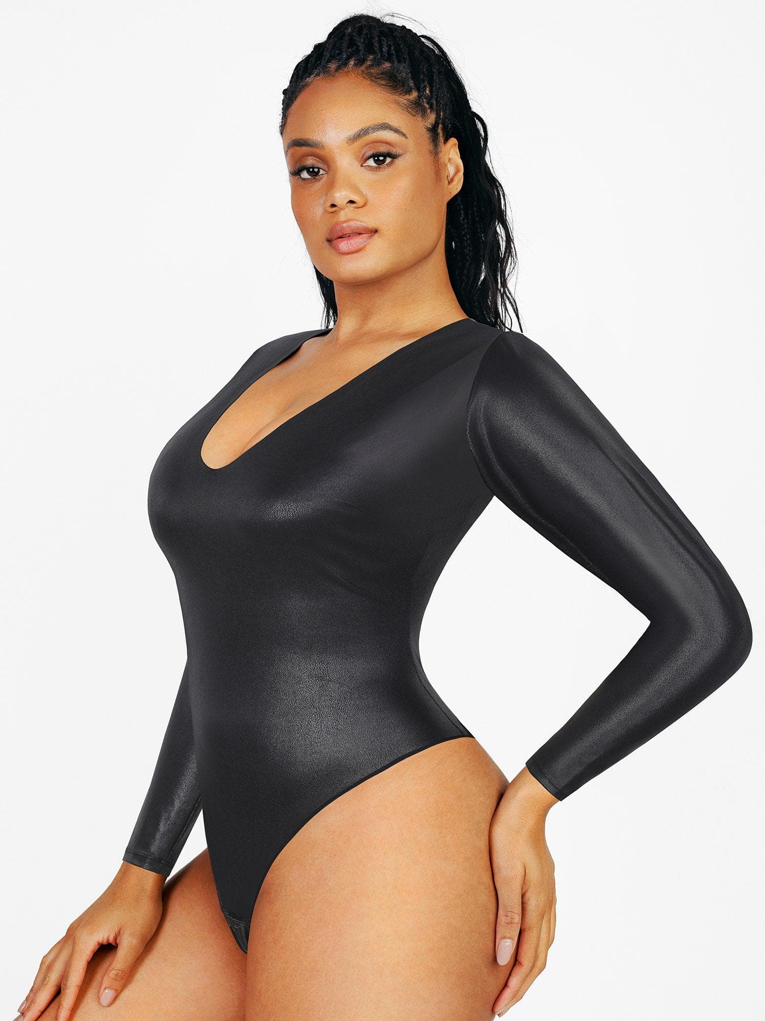Shapewear Long Sleeve Faux Leather V-Neck Sculpting Bodysuit - Image 4
