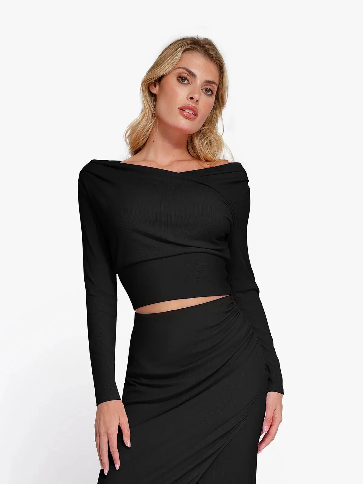 Long-Sleeve Rib Modal Off-the-Shoulder Slimming Crop Top - Image 16