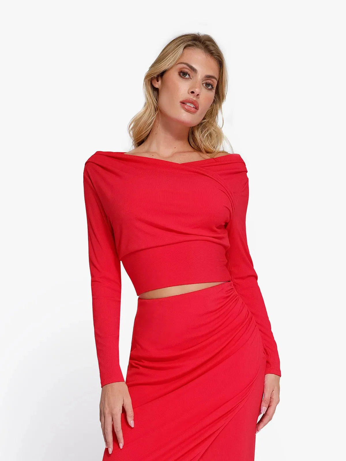 Long-Sleeve Rib Modal Off-the-Shoulder Slimming Crop Top - Image 21