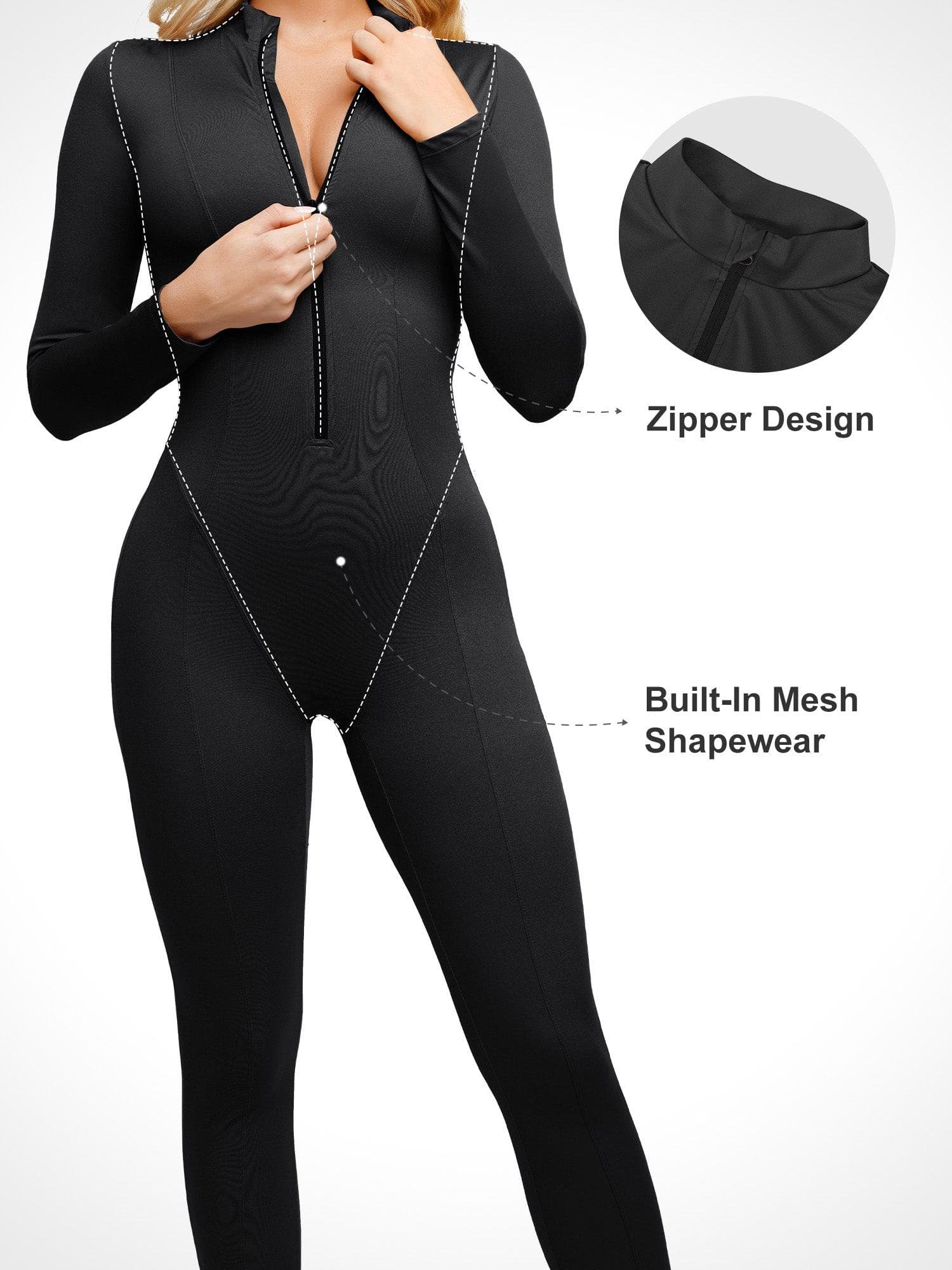 Shapewear Long Sleeve Mock Neck Zip Front Sculpting Jumpsuit - Image 2