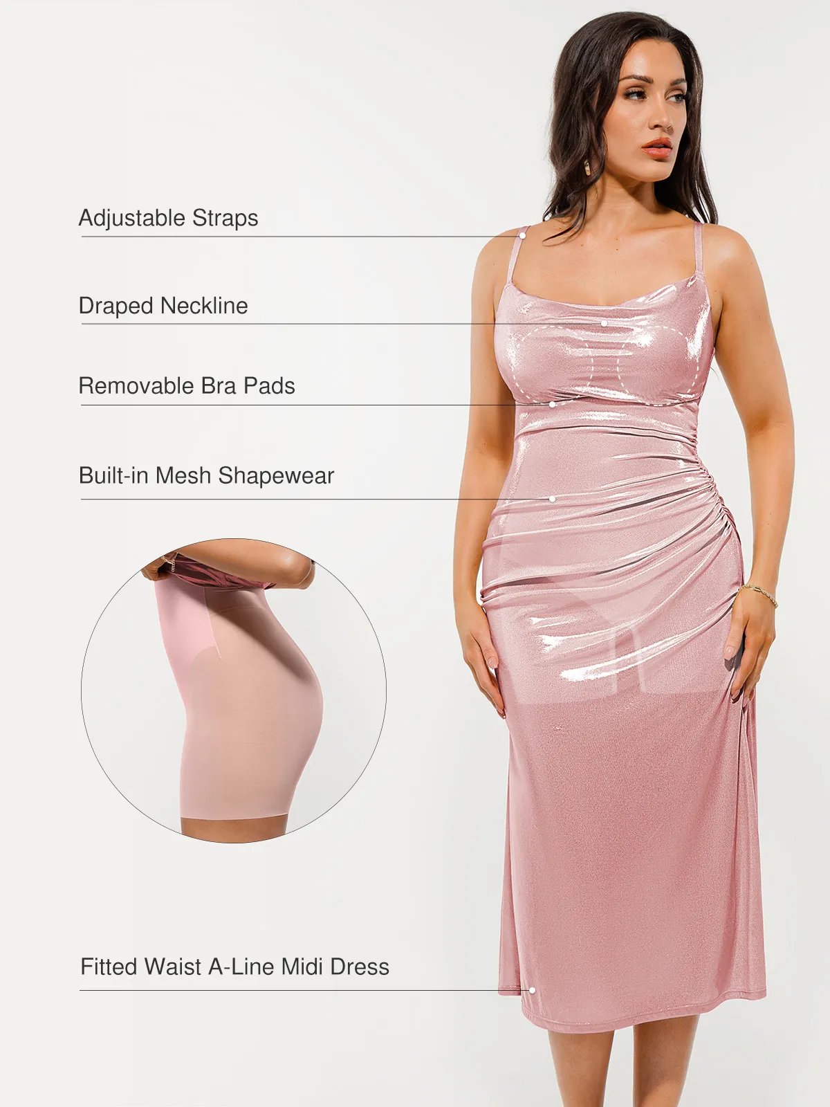 Metallic Cowl Neck Side Ruched Sculpting Tummy Control Midi Dress - Image 14