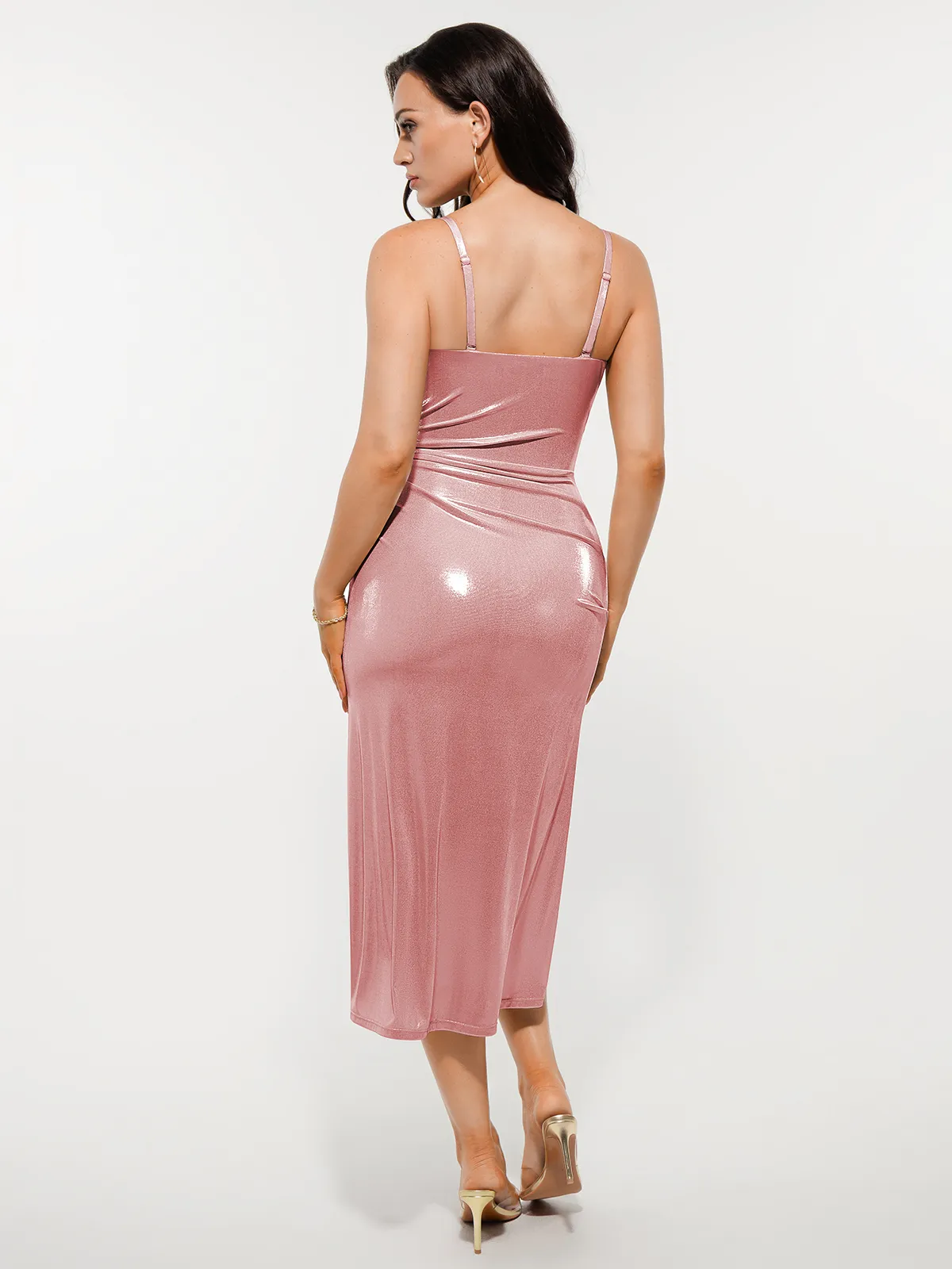 Metallic Cowl Neck Side Ruched Sculpting Tummy Control Midi Dress - Image 17