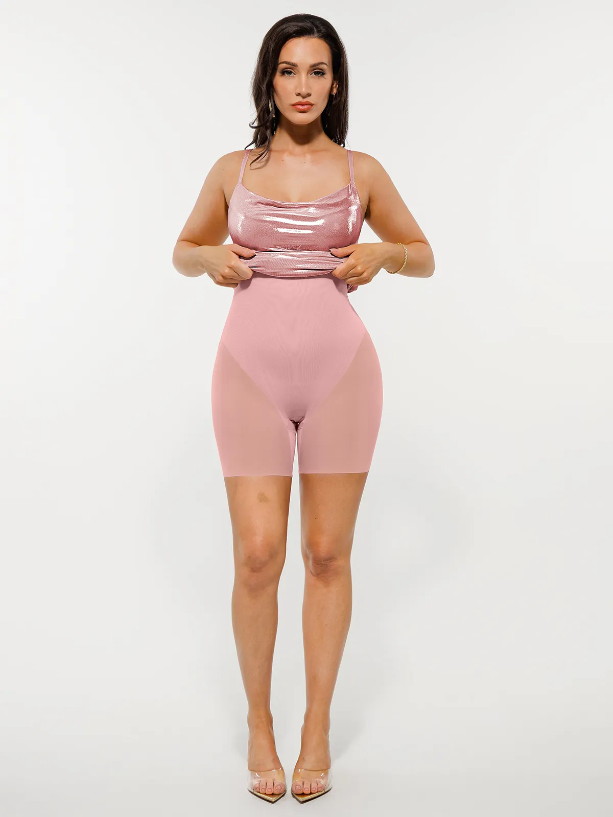 Metallic Cowl Neck Side Ruched Sculpting Tummy Control Midi Dress - Image 18
