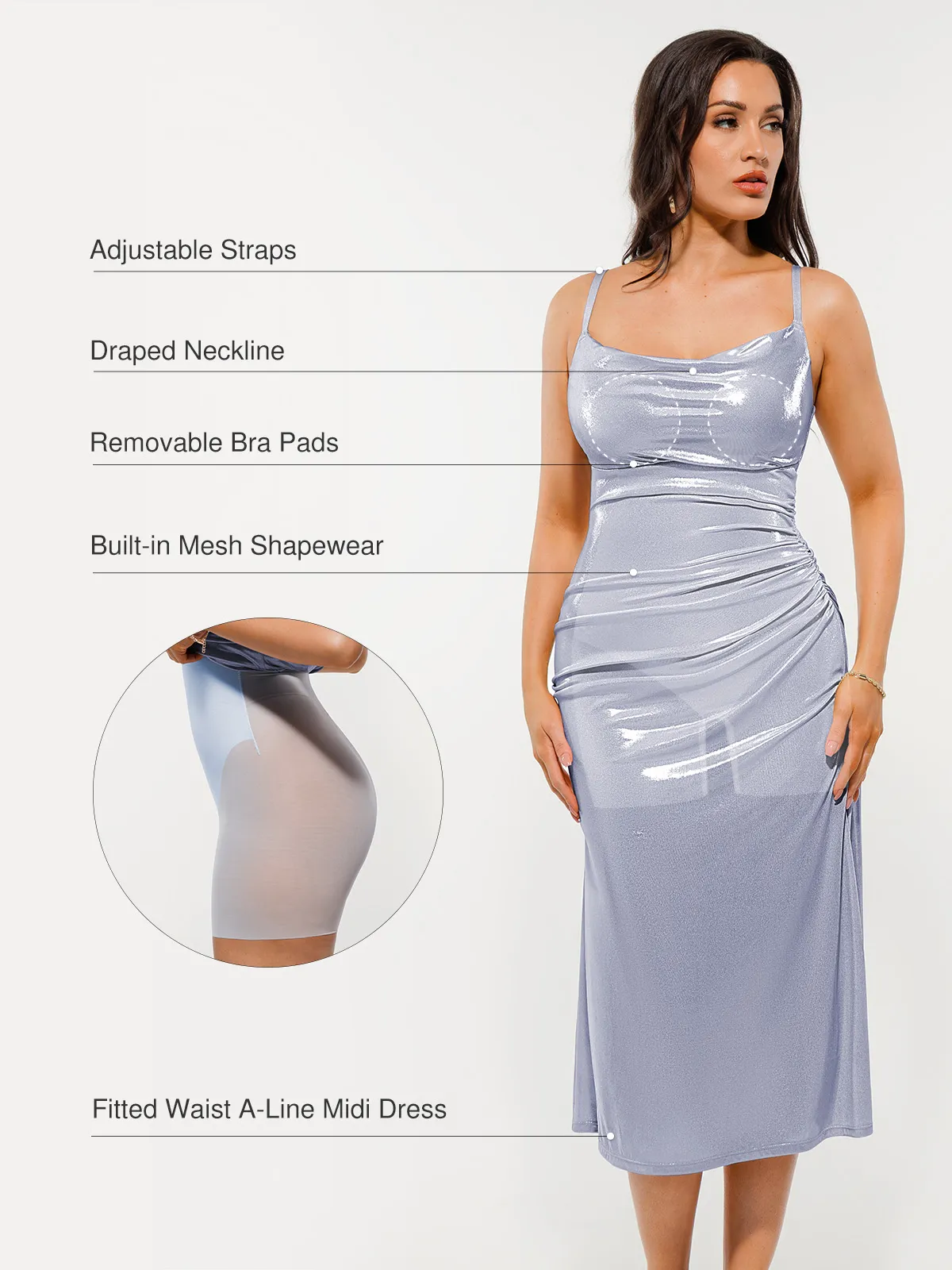 Metallic Cowl Neck Side Ruched Sculpting Tummy Control Midi Dress - Image 22