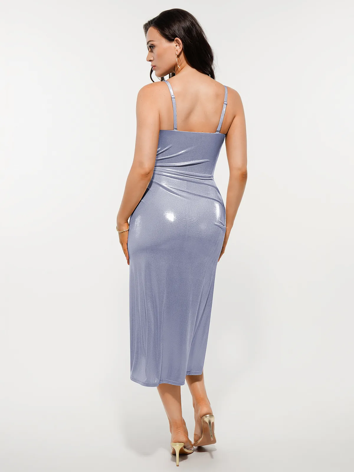 Metallic Cowl Neck Side Ruched Sculpting Tummy Control Midi Dress - Image 25