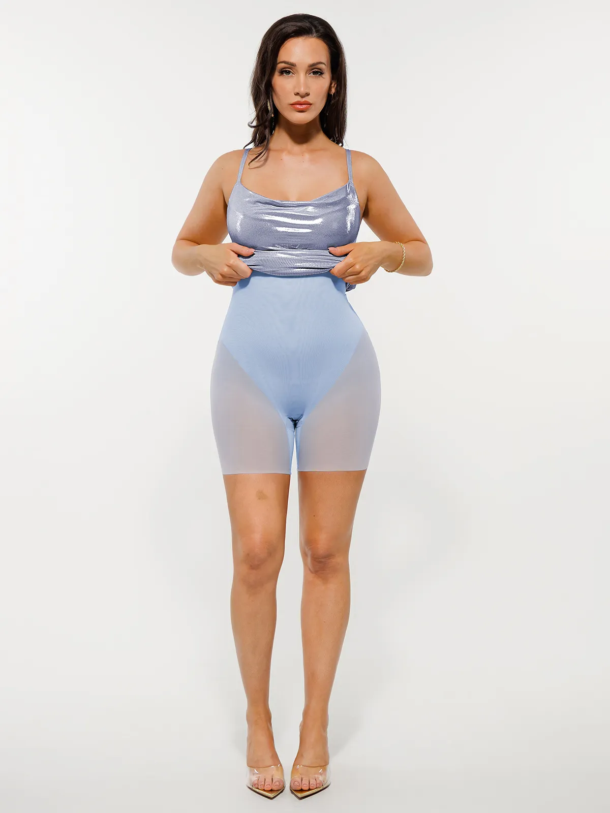 Metallic Cowl Neck Side Ruched Sculpting Tummy Control Midi Dress - Image 26