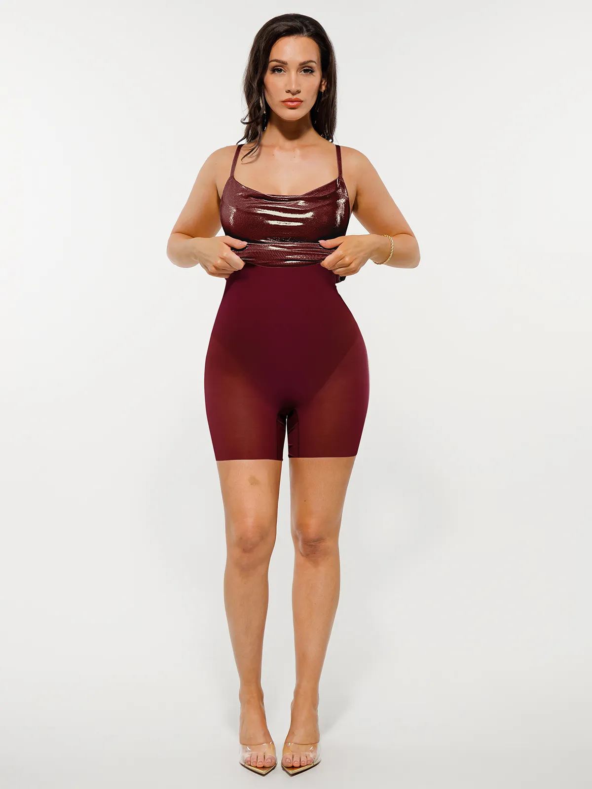 Metallic Cowl Neck Side Ruched Sculpting Tummy Control Midi Dress - Image 34