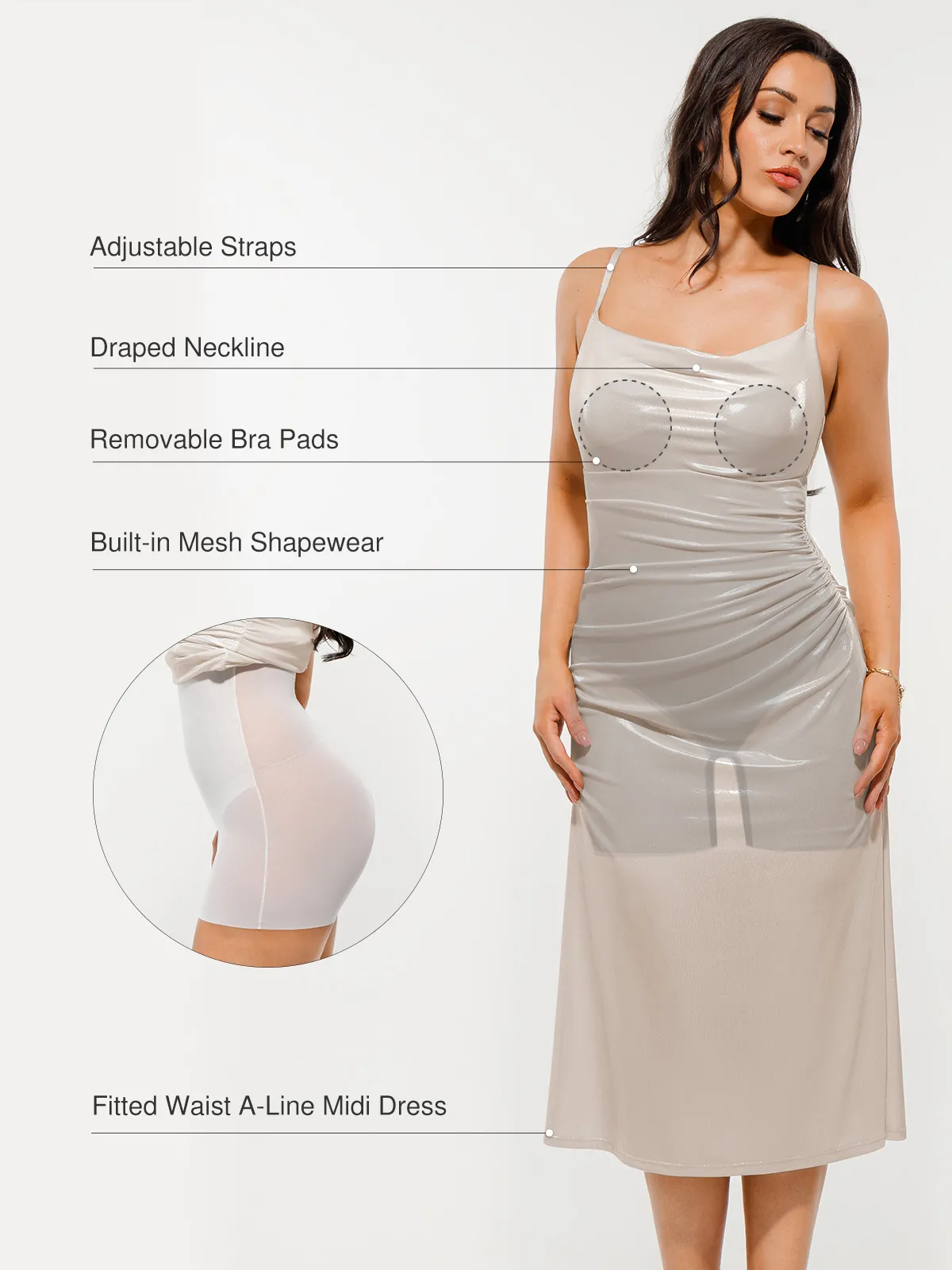 Metallic Cowl Neck Side Ruched Sculpting Tummy Control Midi Dress - Image 4