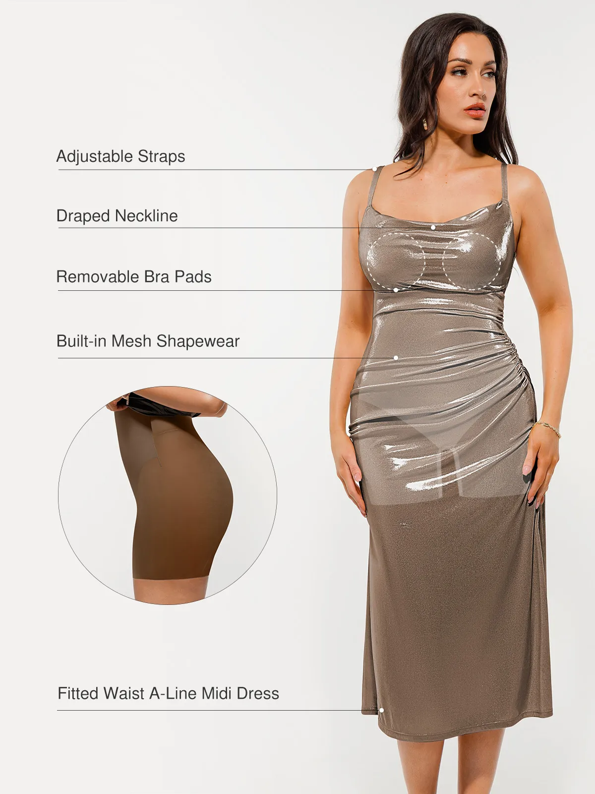 Metallic Cowl Neck Side Ruched Sculpting Tummy Control Midi Dress - Image 49