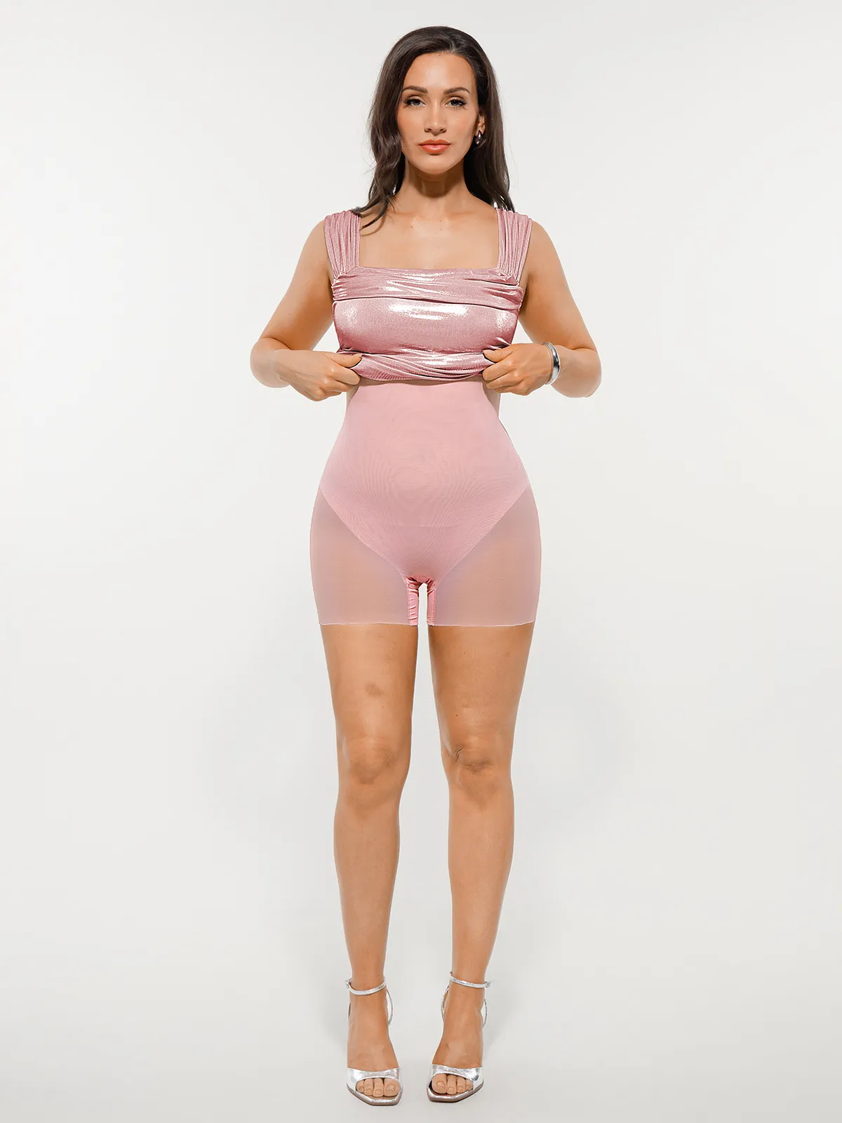Metallic Off-The Shoulder Ruched Sculpting Tummy Control Mini Dress - Image 11