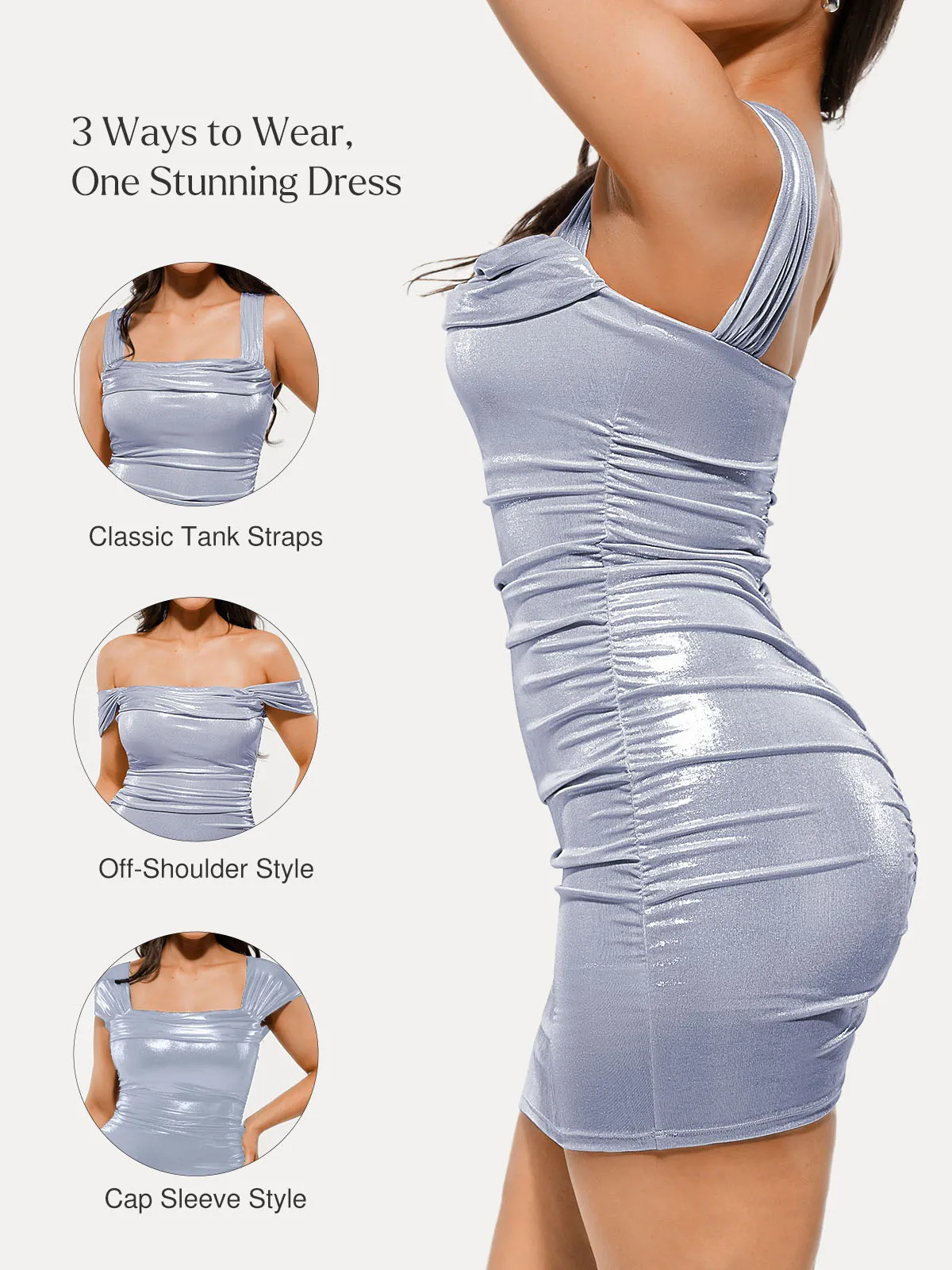 Metallic Off-The Shoulder Ruched Sculpting Tummy Control Mini Dress - Image 15
